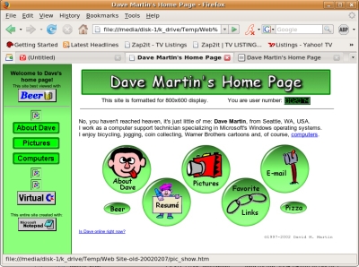 The 2002 version of my website's home screen